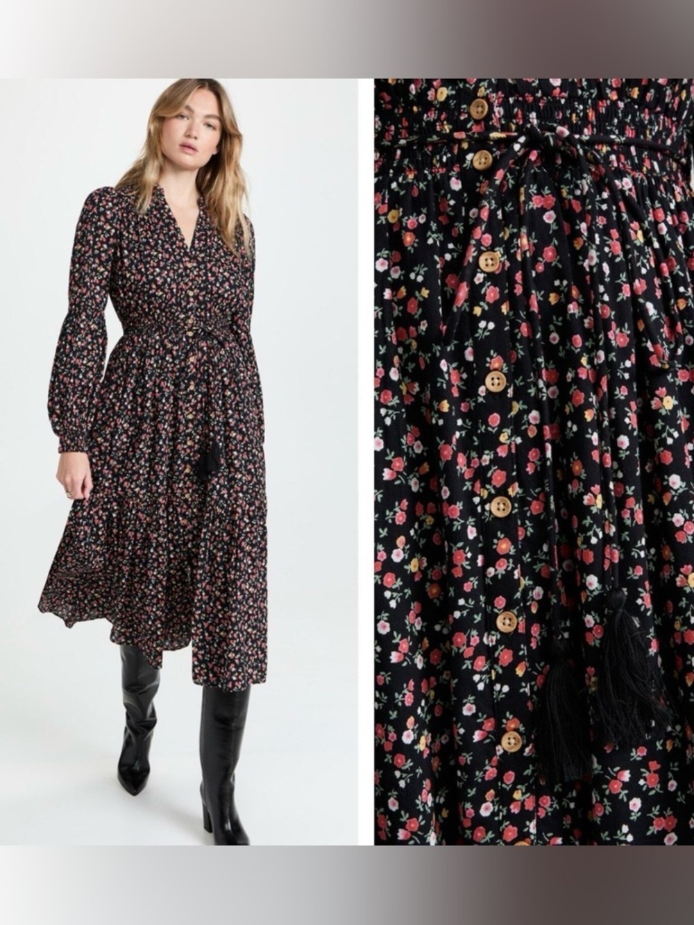ByTiMo Evening Roses Dress, Floral Long Sleeve Midi Dress, Size Small,